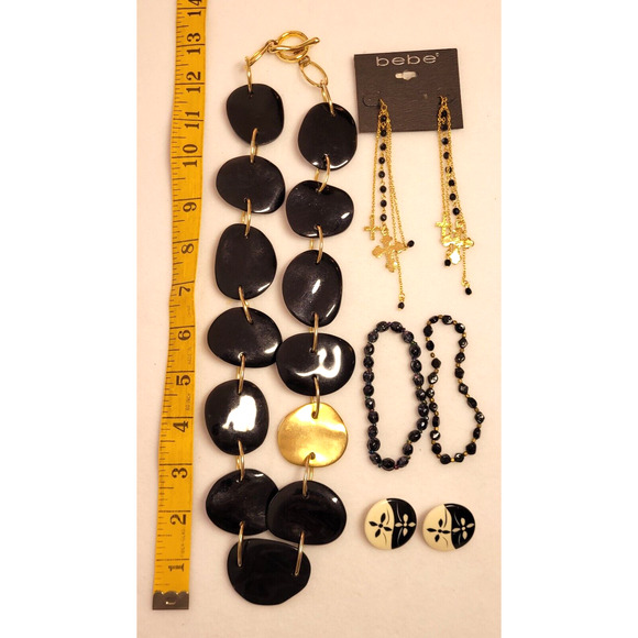 Ellen Tracy Chunky Necklace Bebe Earrings Goldtone Black Bracelets 5 Pc Lot Y2K - Picture 1 of 6